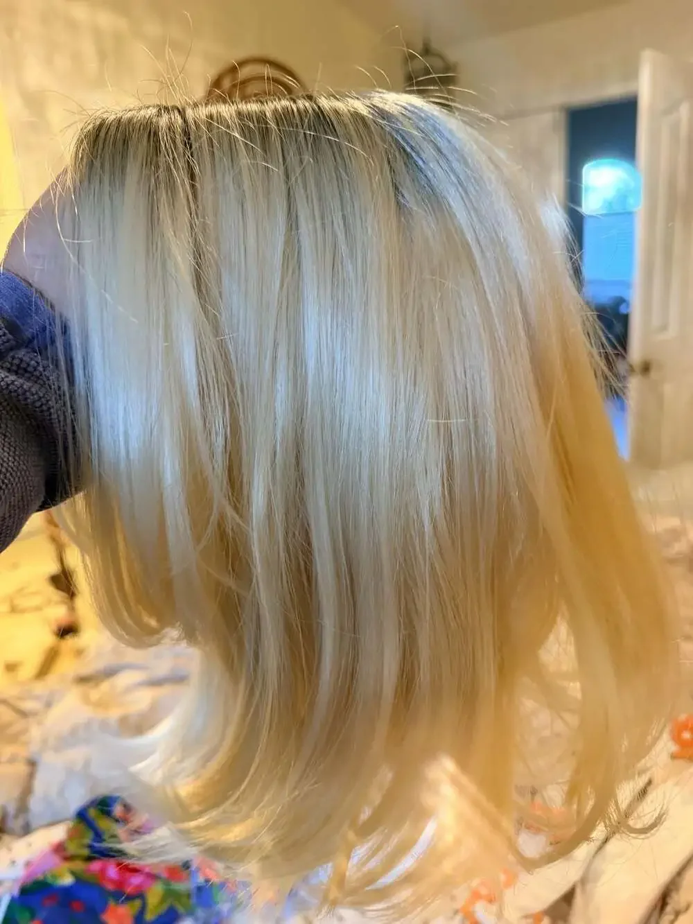 Layered Shoulder Length Bob Wig Heat Friendly Synthetic Blonde Dark Root
